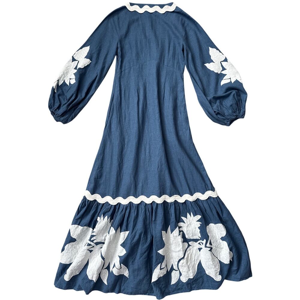 Farm Rio Flounce Blue & White Embroidered Linen-Blend Maxi Dress Pockets Size XS - Picture 10 of 14